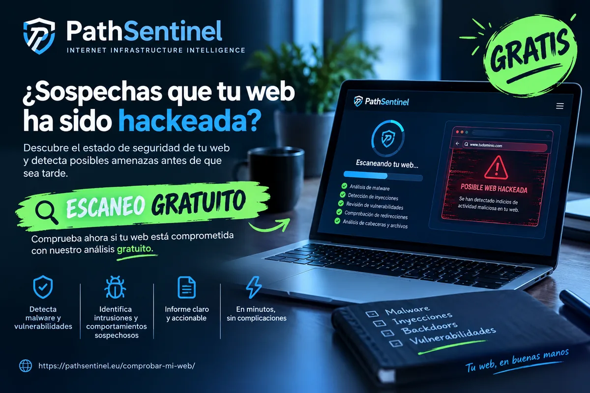 ¿Sospechas que tu web ha sido hackeada? Escaneo gratuito de PathSentinel: detecta malware, inyecciones y redirecciones en minutos.
