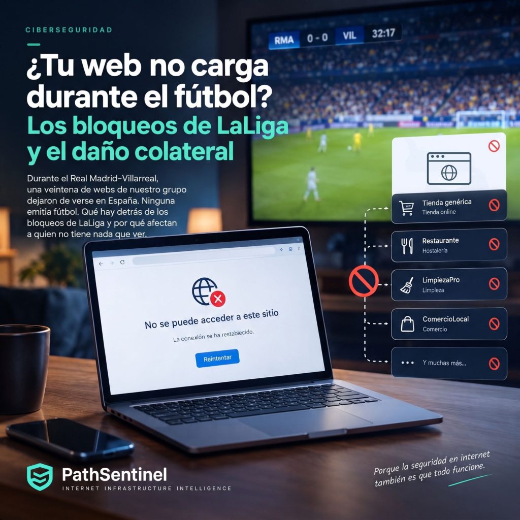Portátil con el error «No se puede acceder a este sitio» durante un partido de fútbol: webs de tiendas, hostelería y comercio bloqueadas en España