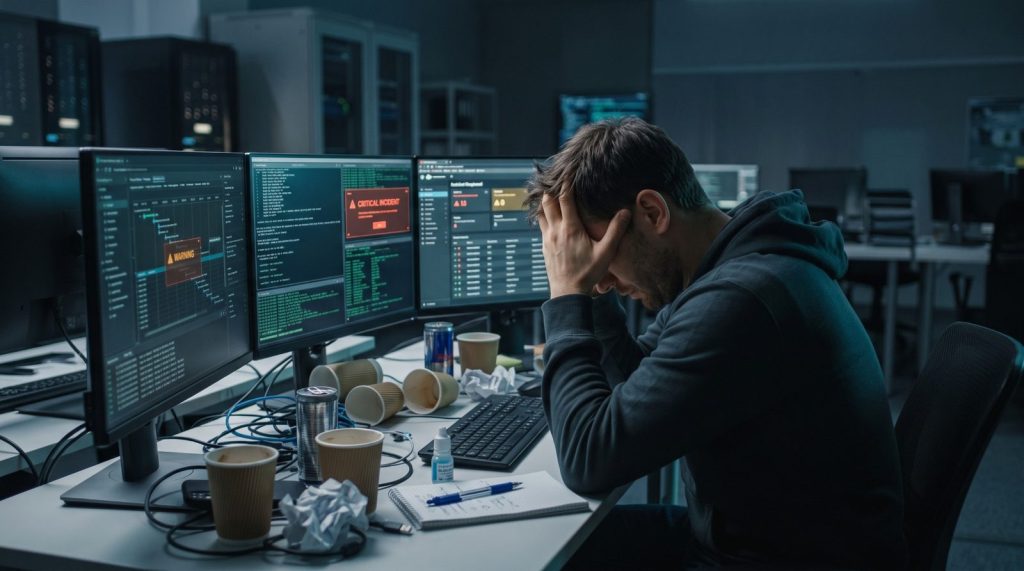 Exhausted cybersecurity analyst in front of screens showing critical incident alerts
