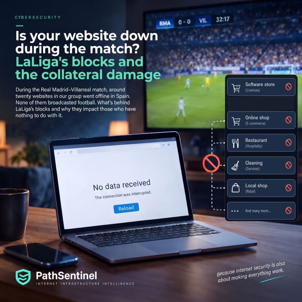 Laptop showing a No data received error during a football match: shop, restaurant and retail websites blocked in Spain